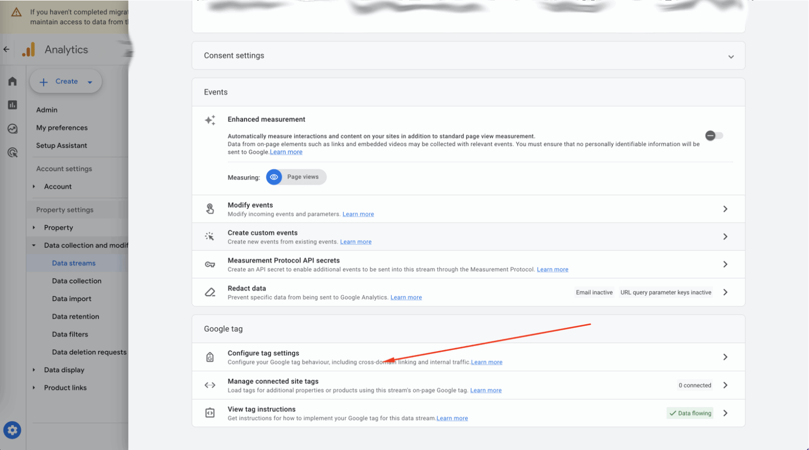 Admin section of Google Analytics showing steps to block referral site