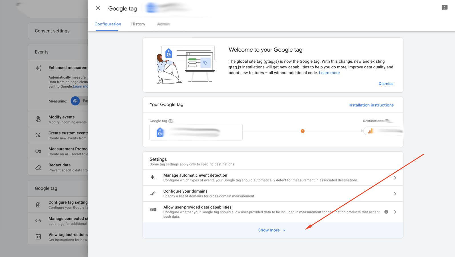 Admin section of Google Analytics showing steps to block referral site