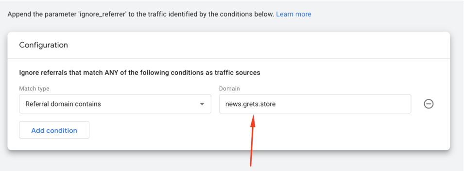 Admin section of Google Analytics showing steps to block referral site