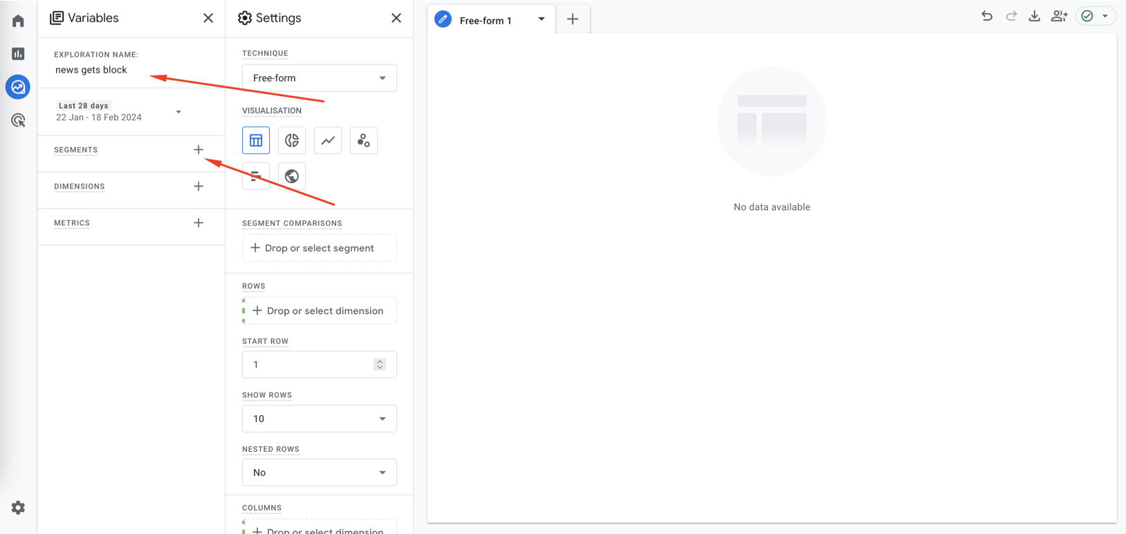 Exploration view in Google Analytics demonstrating steps to exclude referral traffic
