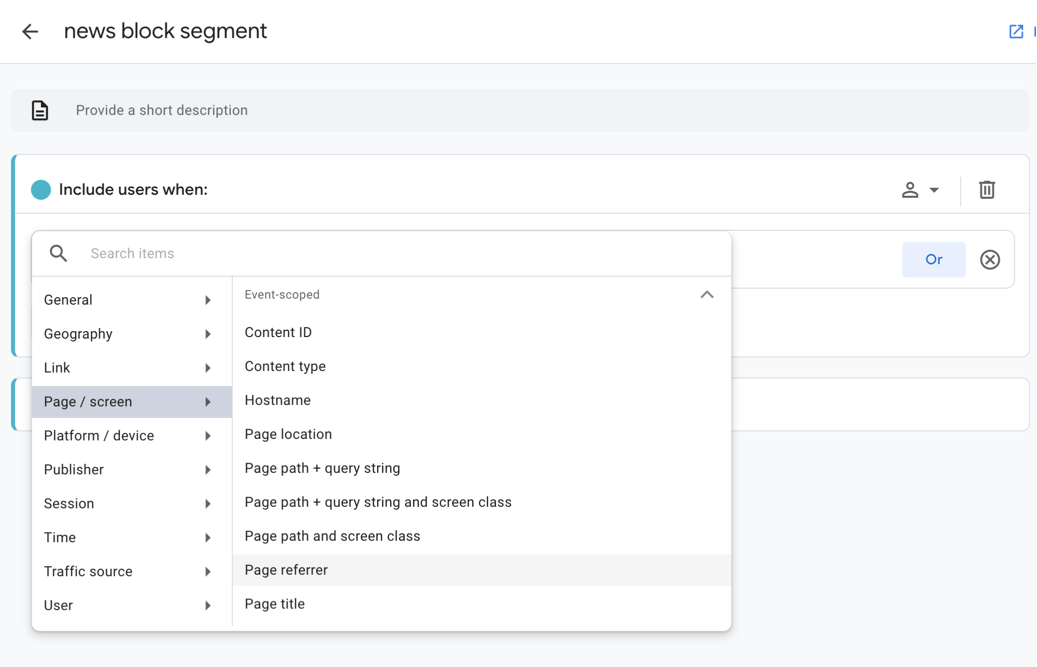 Exploration view in Google Analytics demonstrating steps to exclude referral traffic