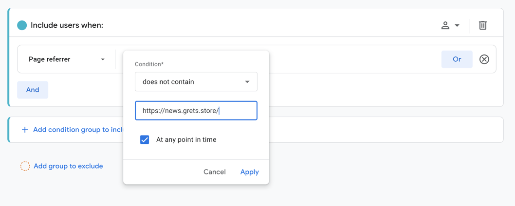 Exploration view in Google Analytics demonstrating steps to exclude referral traffic