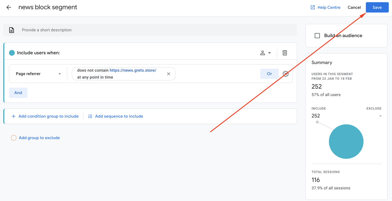 Exploration view in Google Analytics demonstrating steps to exclude referral traffic